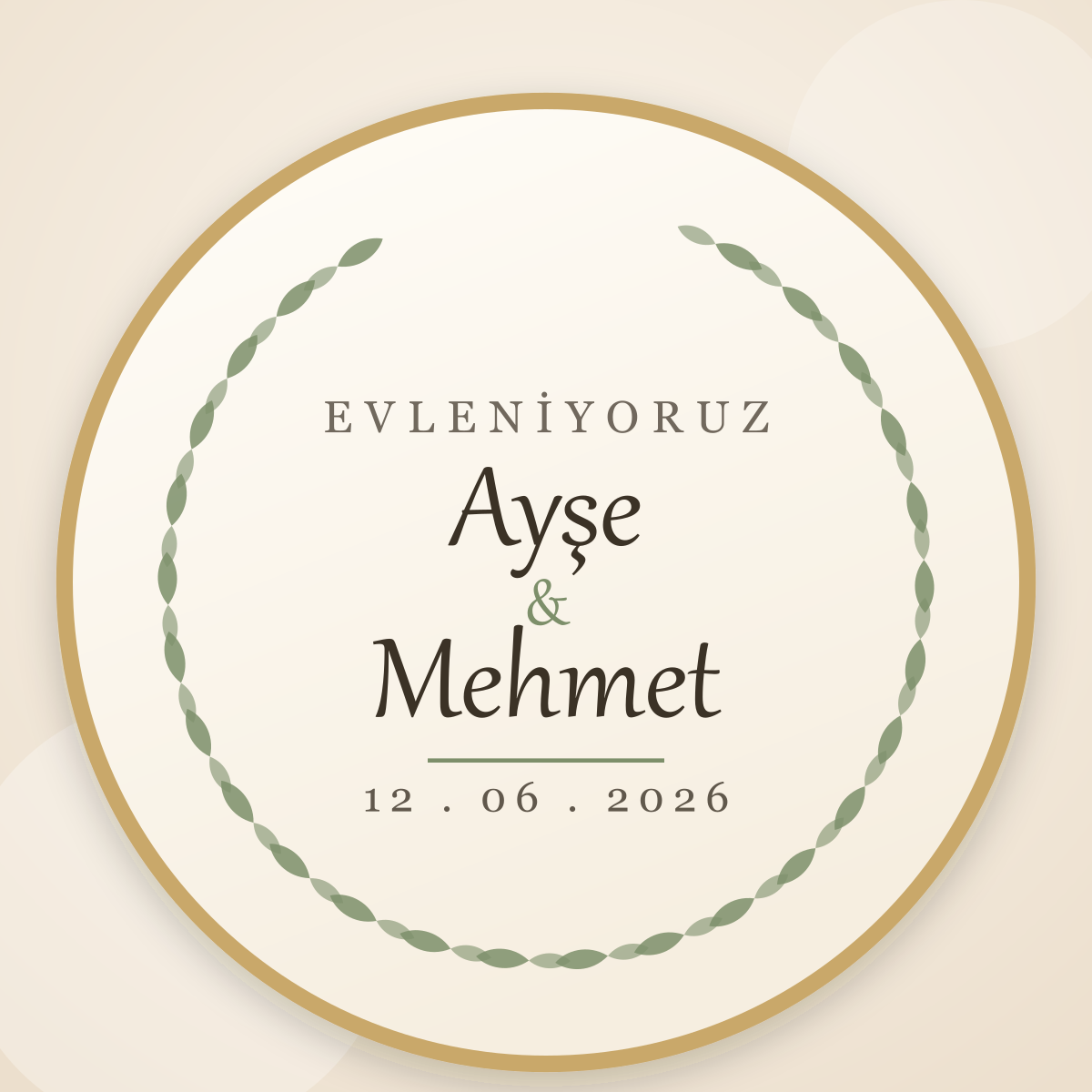 Zeytin dalı çelenkli ahşap düğün magneti yakın çekim
